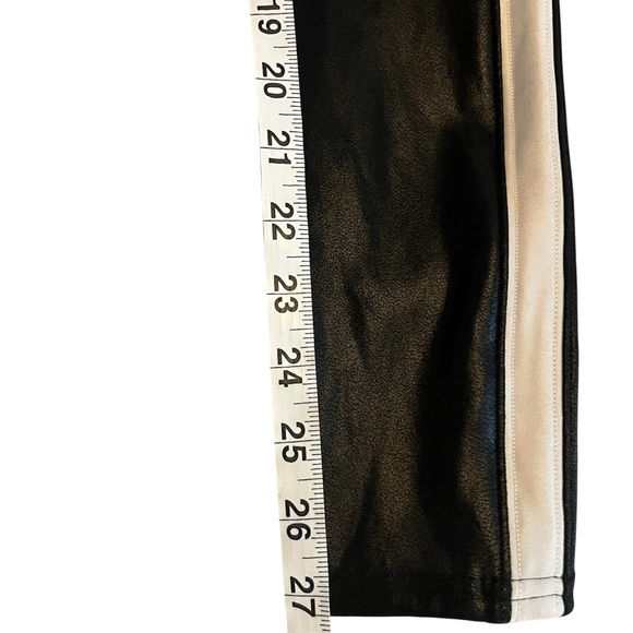 SPANX Black Faux Leather Leggings White Stripe Accent Edgy Athleisure Sporty - Picture 8 of 11